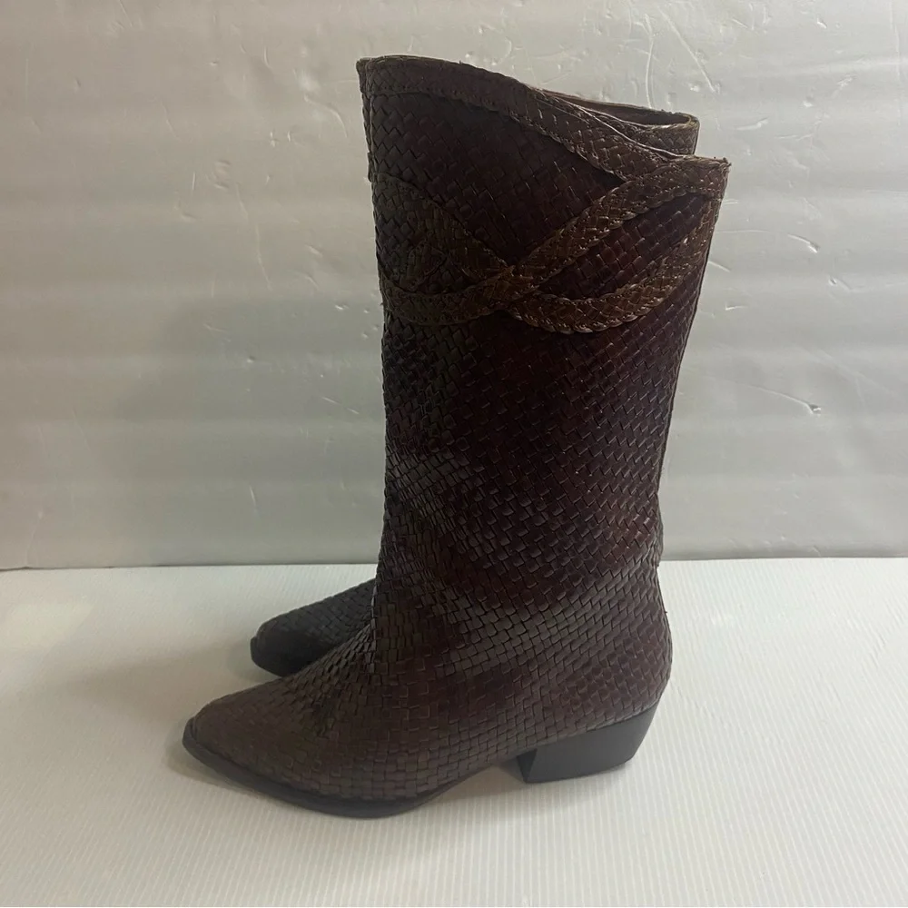 Sesto Meucci Woven Brown Leather Mid-Calf Women’s Boots Size 7M - Picture 3 of 13